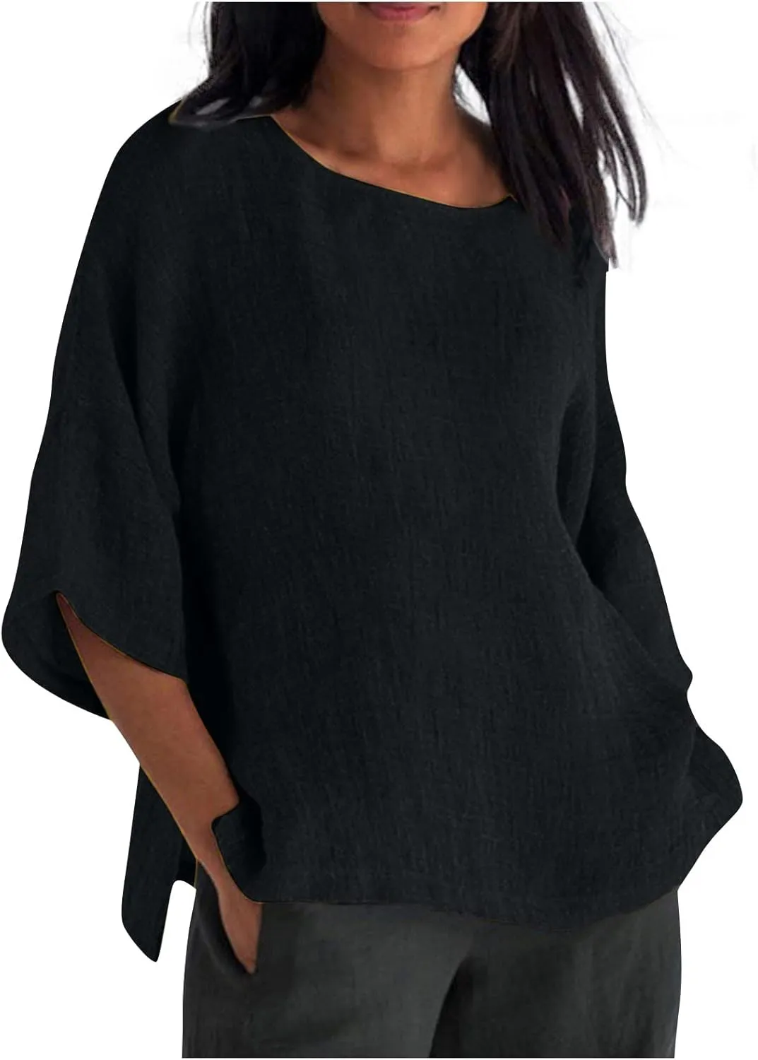Linen Shirts for Women 3/4 Sleeve Solid Color Tops Summer Casual Round Neck Pullover Blouse Ladies Tunic Basic Tees