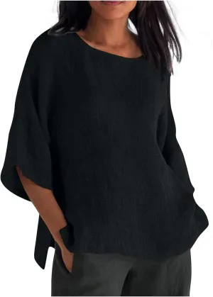 Linen Shirts for Women 3/4 Sleeve Solid Color Tops Summer Casual Round Neck Pullover Blouse Ladies Tunic Basic Tees