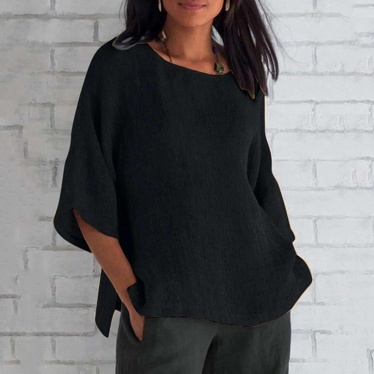 Linen Shirts for Women 3/4 Sleeve Solid Color Tops Summer Casual Round Neck Pullover Blouse Ladies Tunic Basic Tees