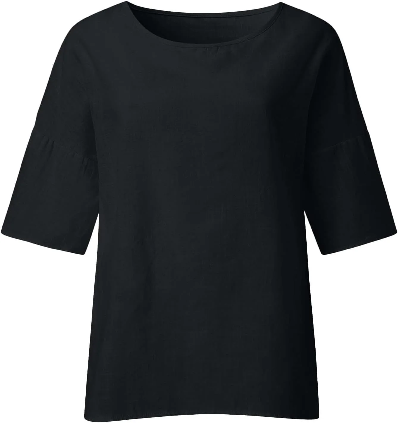 Linen Shirts for Women 3/4 Sleeve Solid Color Tops Summer Casual Round Neck Pullover Blouse Ladies Tunic Basic Tees