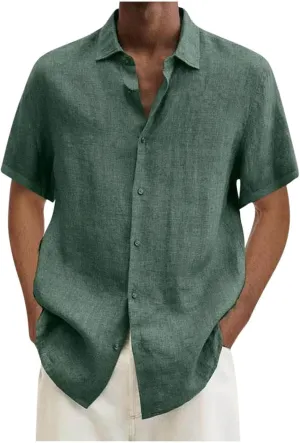 Linen Shirts Men Short Sleeve Button Down Tops Lightweight Beach Shirts Regular Fit