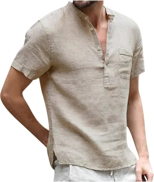 Linen Shirts Men Summer Henley Shirt with Pockets Button Up Hippie Casual Beach T Shirts Lightweight Tunic Tops