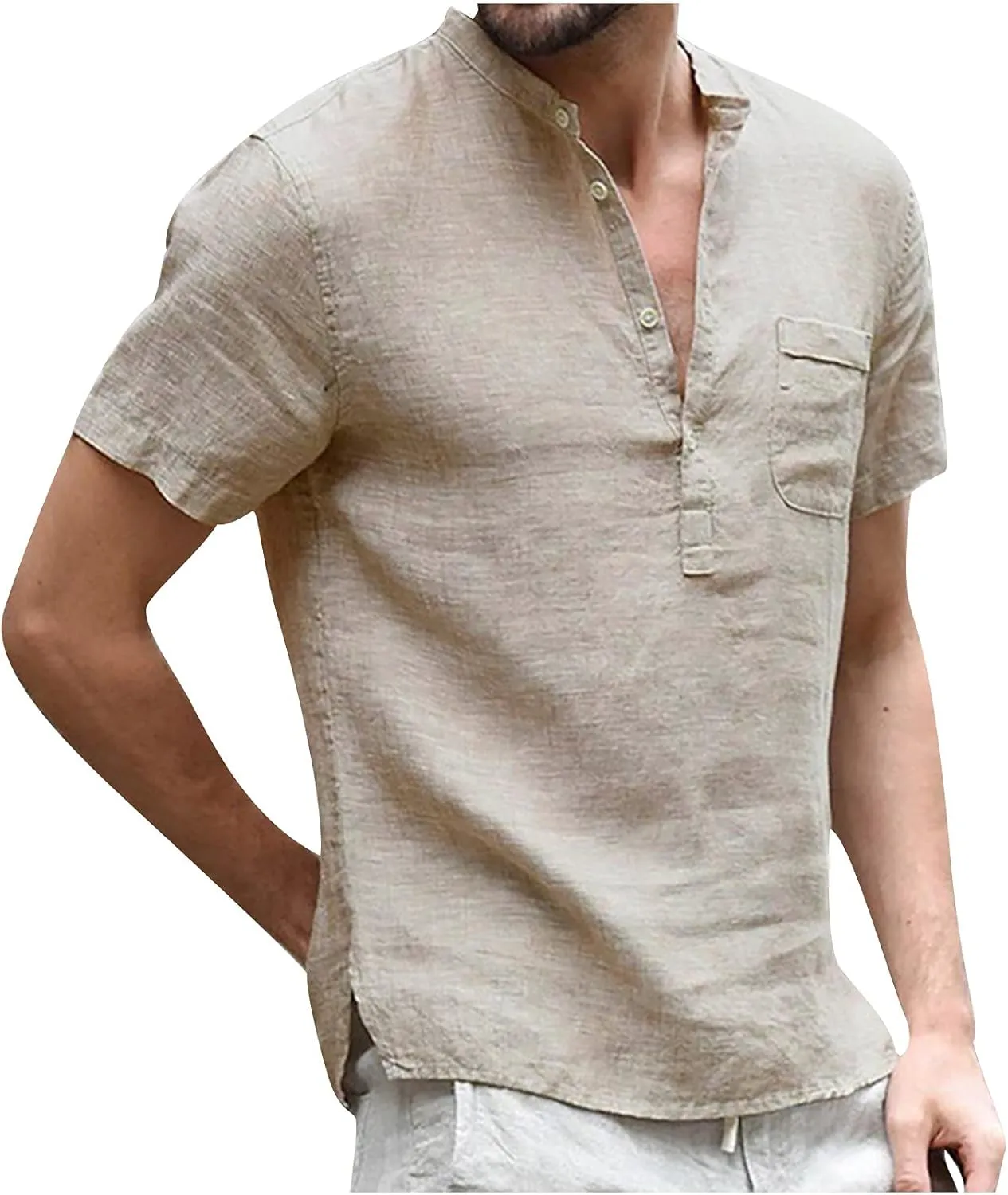 Linen Shirts Men Summer Henley Shirt with Pockets Button Up Hippie Casual Beach T Shirts Lightweight Tunic Tops