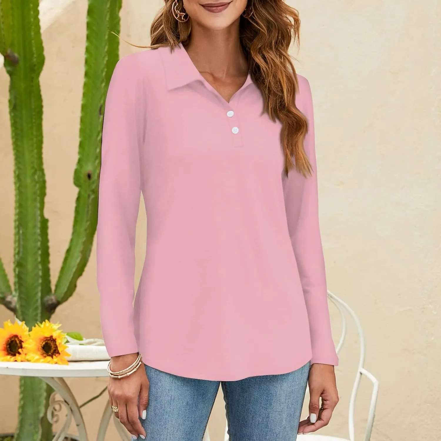 Long Sleeve Polo Shirts for Women Trendy Plus Size V Neck Business Casual Tunic Tops Dressy Button Down Plain Tops