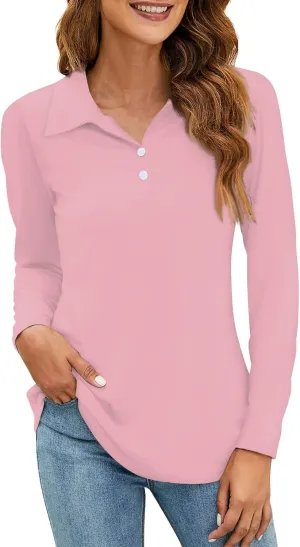 Long Sleeve Polo Shirts for Women Trendy Plus Size V Neck Business Casual Tunic Tops Dressy Button Down Plain Tops