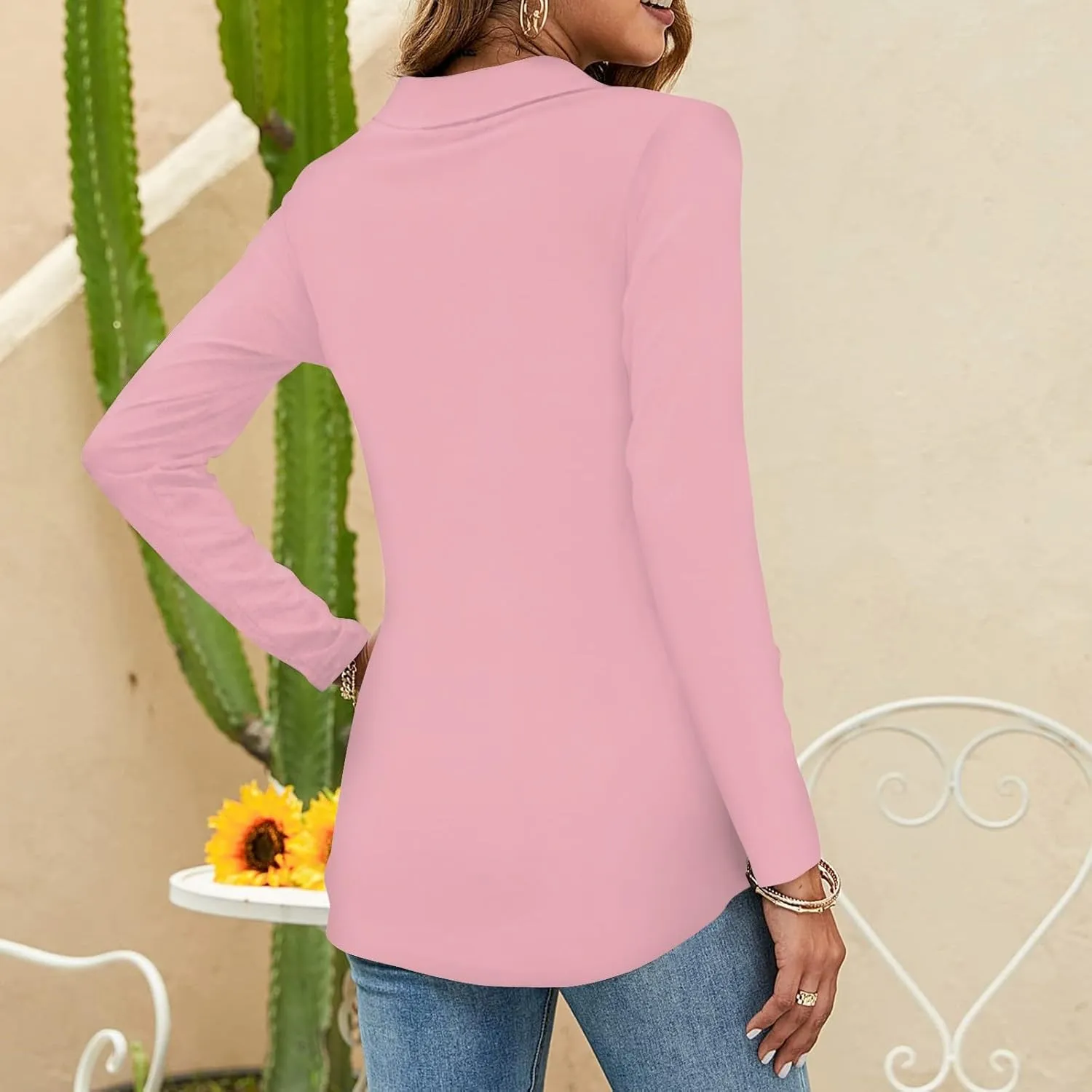 Long Sleeve Polo Shirts for Women Trendy Plus Size V Neck Business Casual Tunic Tops Dressy Button Down Plain Tops