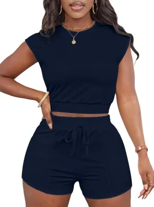 LovelyWholesale Short Sets for Women 2 Piece Summer Sets Cap Sleeve Crop Tops and Shorts Tracksuits Sets