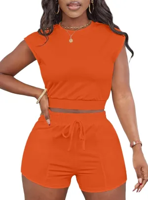LovelyWholesale Short Sets for Women 2 Piece Summer Sets Cap Sleeve Crop Tops and Shorts Tracksuits Sets