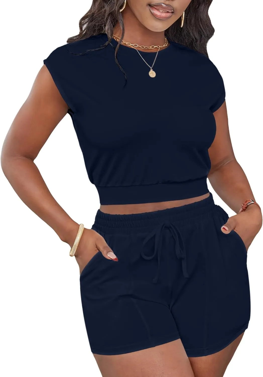 LovelyWholesale Short Sets for Women 2 Piece Summer Sets Cap Sleeve Crop Tops and Shorts Tracksuits Sets