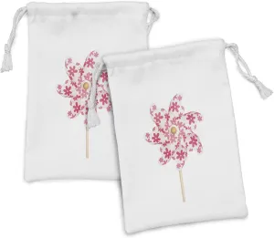 Lunarable Pinwheel Fabric Pouch Set of 2, Pinwheel Paper Power Wood Cheering Color Pin Freedom Happiness Family Time, Small Drawstring Bag for Toiletries Masks and Favors, 9" x 6", White Coral Rose