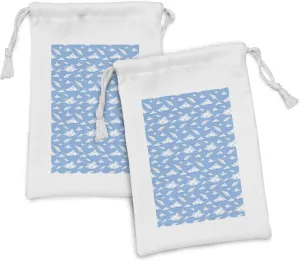 Lunarable Sky Fabric Pouch Set of 2, Azure Colors Cloud Airplanes Paper Planes Transportation Illustration, Small Drawstring Bag for Toiletries Masks and Favors, 9" x 6", Pale Azure Blue White