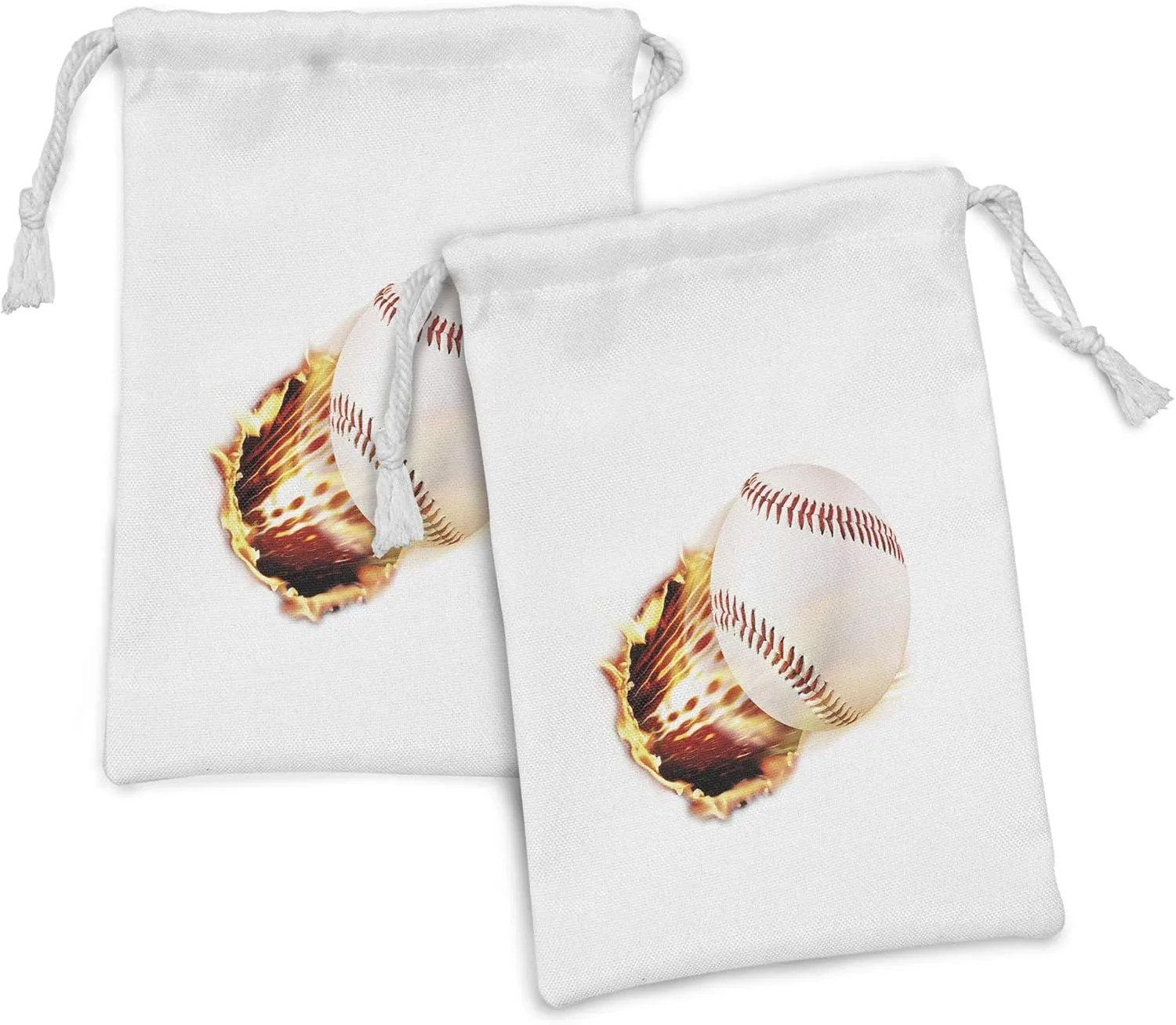 Lunarable Sports Fabric Pouch Set of 2, Vivid Baseball Ball Tearing the Paper Background Active Life Print, Small Drawstring Bag for Toiletries Masks and Favors, 9" x 6", Red Yellow White