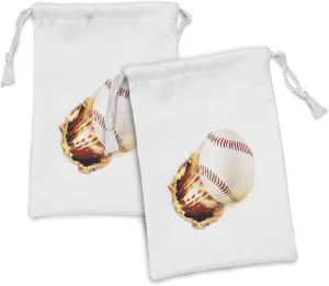 Lunarable Sports Fabric Pouch Set of 2, Vivid Baseball Ball Tearing the Paper Background Active Life Print, Small Drawstring Bag for Toiletries Masks and Favors, 9" x 6", Red Yellow White