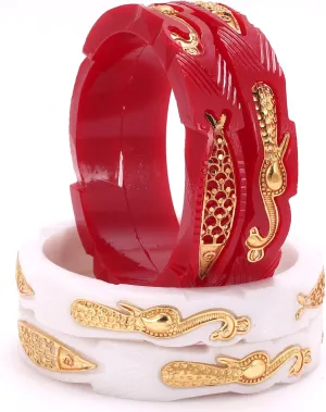 Meenakshi imitation Gold Plated Handcrafted Peacock & Fish Design Pola Bangles Set Gift For Her Bollywood Women Jewelry Bangle Bracelets Kangan (Set of 4, Red & White)