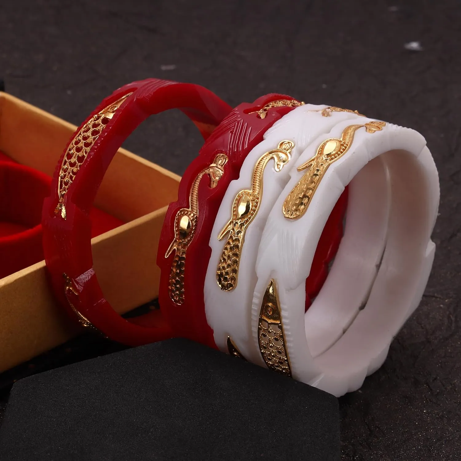 Meenakshi imitation Gold Plated Handcrafted Peacock & Fish Design Pola Bangles Set Gift For Her Bollywood Women Jewelry Bangle Bracelets Kangan (Set of 4, Red & White)