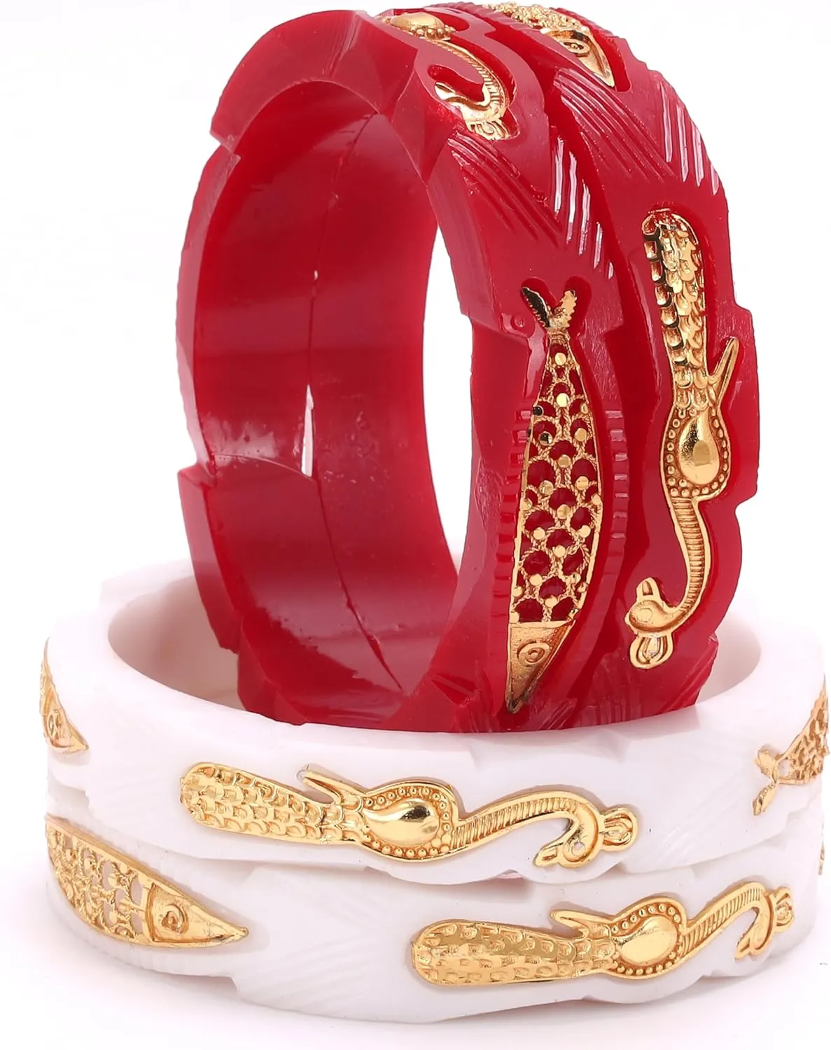 Meenakshi imitation Gold Plated Handcrafted Peacock & Fish Design Pola Bangles Set Gift For Her Bollywood Women Jewelry Bangle Bracelets Kangan (Set of 4, Red & White)