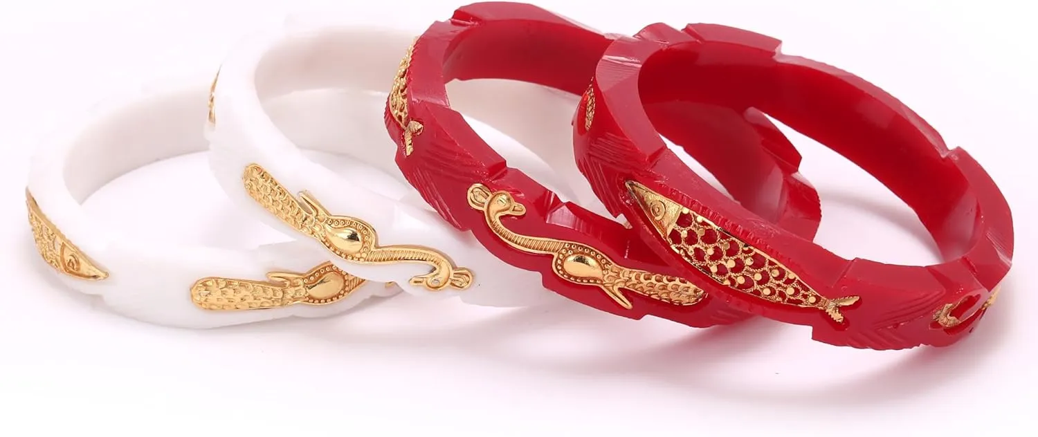 Meenakshi imitation Gold Plated Handcrafted Peacock & Fish Design Pola Bangles Set Gift For Her Bollywood Women Jewelry Bangle Bracelets Kangan (Set of 4, Red & White)