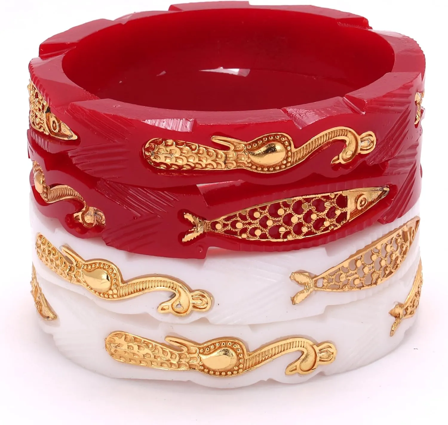 Meenakshi imitation Gold Plated Handcrafted Peacock & Fish Design Pola Bangles Set Gift For Her Bollywood Women Jewelry Bangle Bracelets Kangan (Set of 4, Red & White)