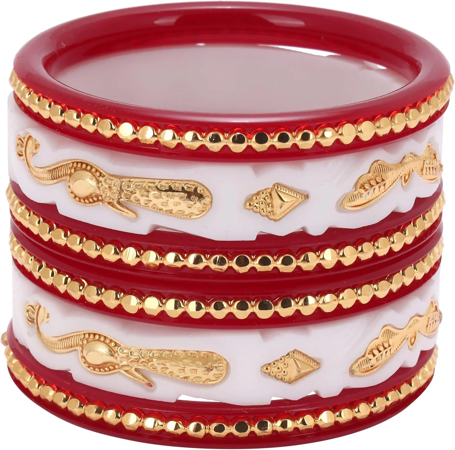 Meenakshi imitation Gold Plated Handcrafted Shakha Pola Plastic Bangles Set Gift For Her Bollywood Women Jewelry Bangle Bracelets Kangan (Set of 6, Red & White)