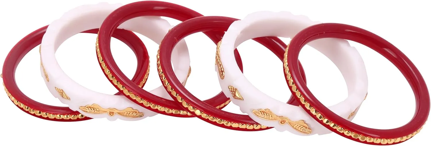Meenakshi imitation Gold Plated Handcrafted Shakha Pola Plastic Bangles Set Gift For Her Bollywood Women Jewelry Bangle Bracelets Kangan (Set of 6, Red & White)