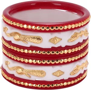 Meenakshi imitation Gold Plated Handcrafted Shakha Pola Plastic Bangles Set Gift For Her Bollywood Women Jewelry Bangle Bracelets Kangan (Set of 6, Red & White)