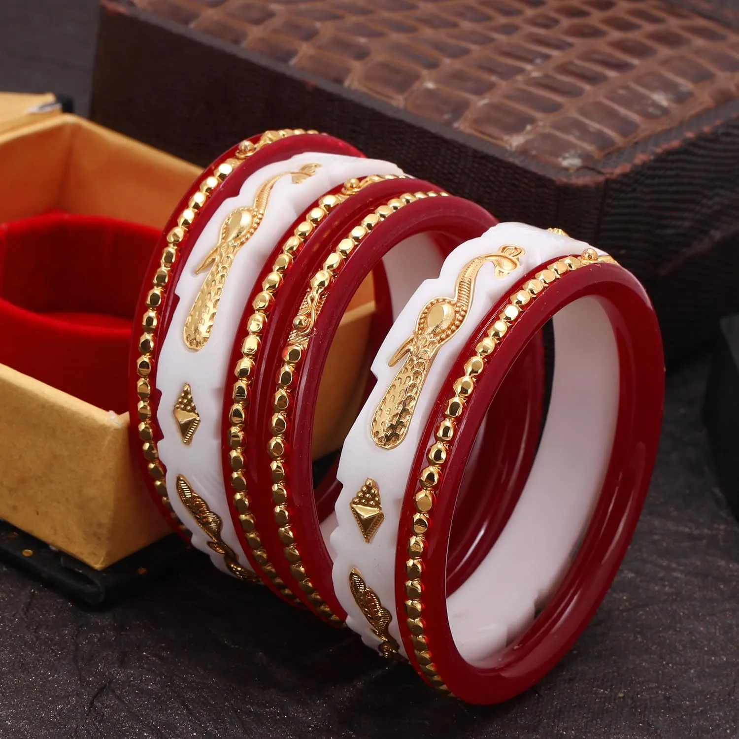 Meenakshi imitation Gold Plated Handcrafted Shakha Pola Plastic Bangles Set Gift For Her Bollywood Women Jewelry Bangle Bracelets Kangan (Set of 6, Red & White)