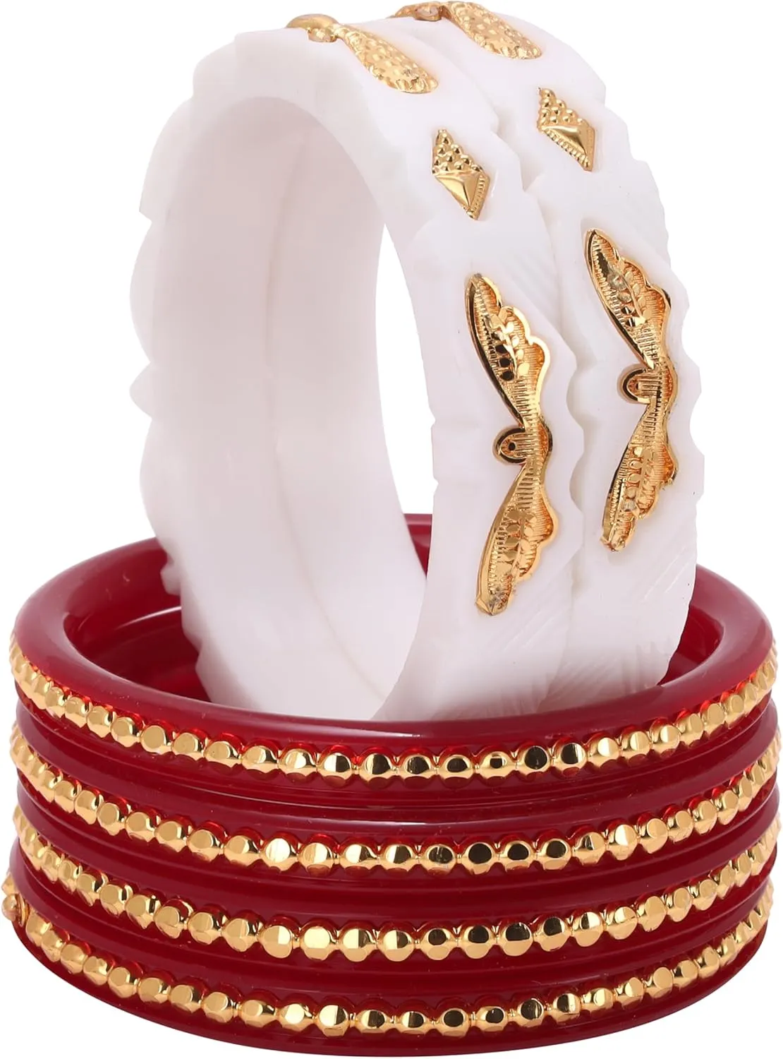 Meenakshi imitation Gold Plated Handcrafted Shakha Pola Plastic Bangles Set Gift For Her Bollywood Women Jewelry Bangle Bracelets Kangan (Set of 6, Red & White)