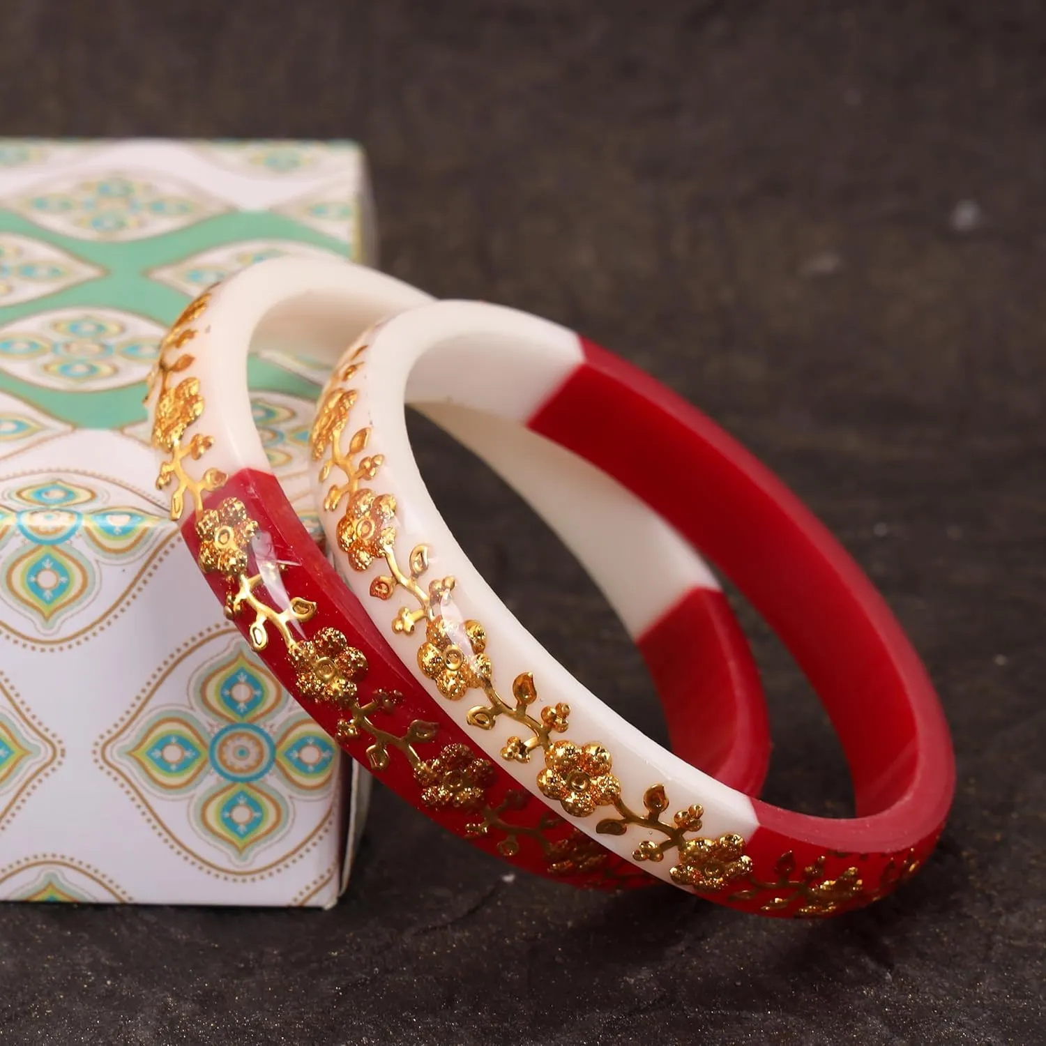 Meenakshi imitation Set of 2 Handcrafted Red White Flower Design Gold Plated Laminated Plastic Bangles Bollywood Designer Jewelry With Box Gift For Her Bangle Bracelets