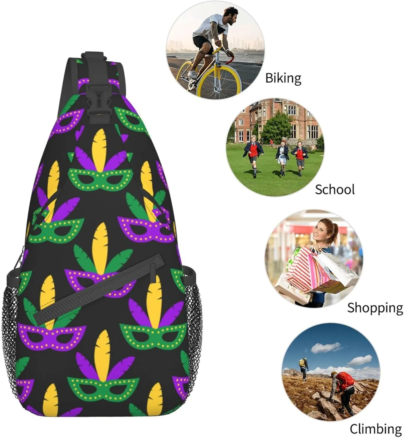 Men & Women Sling Bag Anti-Theft Sling Shoulder Backpack Waterproof Chest Bag With Adjustable Strap Lightweight Sling Bag Chest (Mardi Gras Masks Art)