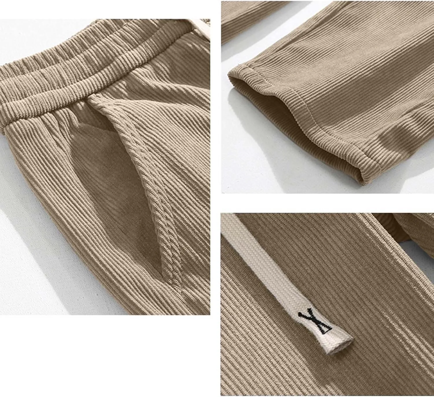 Men Baggy Pants Tie Front Drawstring Waist Corduroy Casual Loose Straight Leg Pants Trousers with Pockets
