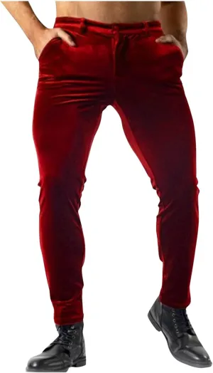 Men Velvet Stretch Pants with Pocket, Slim Fit Sweatpants for Work Dress Pants Athletic Outdoor Casual Solid Trousers