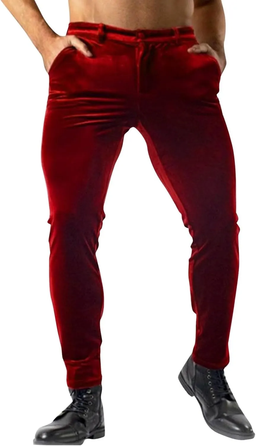 Men Velvet Stretch Pants with Pocket, Slim Fit Sweatpants for Work Dress Pants Athletic Outdoor Casual Solid Trousers