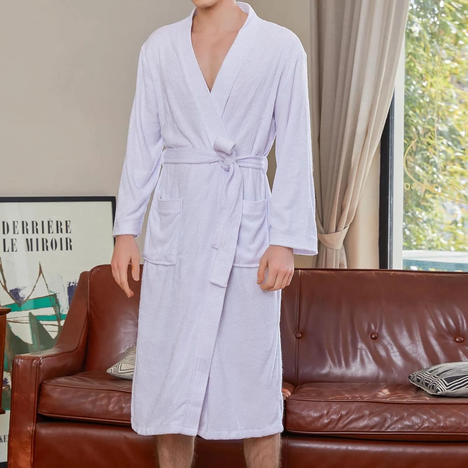 Mens 100% Cotton Robes Couple Bathrobe Lightweight Long Sleeve Kimono Robe Soft Over the Knee Fall Winter Sleepwear
