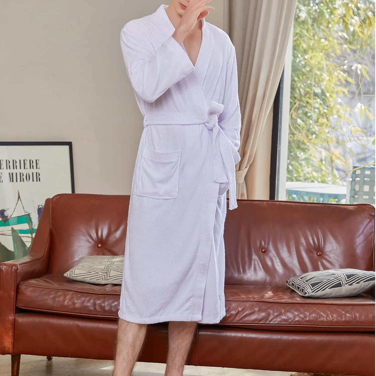 Mens 100% Cotton Robes Couple Bathrobe Lightweight Long Sleeve Kimono Robe Soft Over the Knee Fall Winter Sleepwear