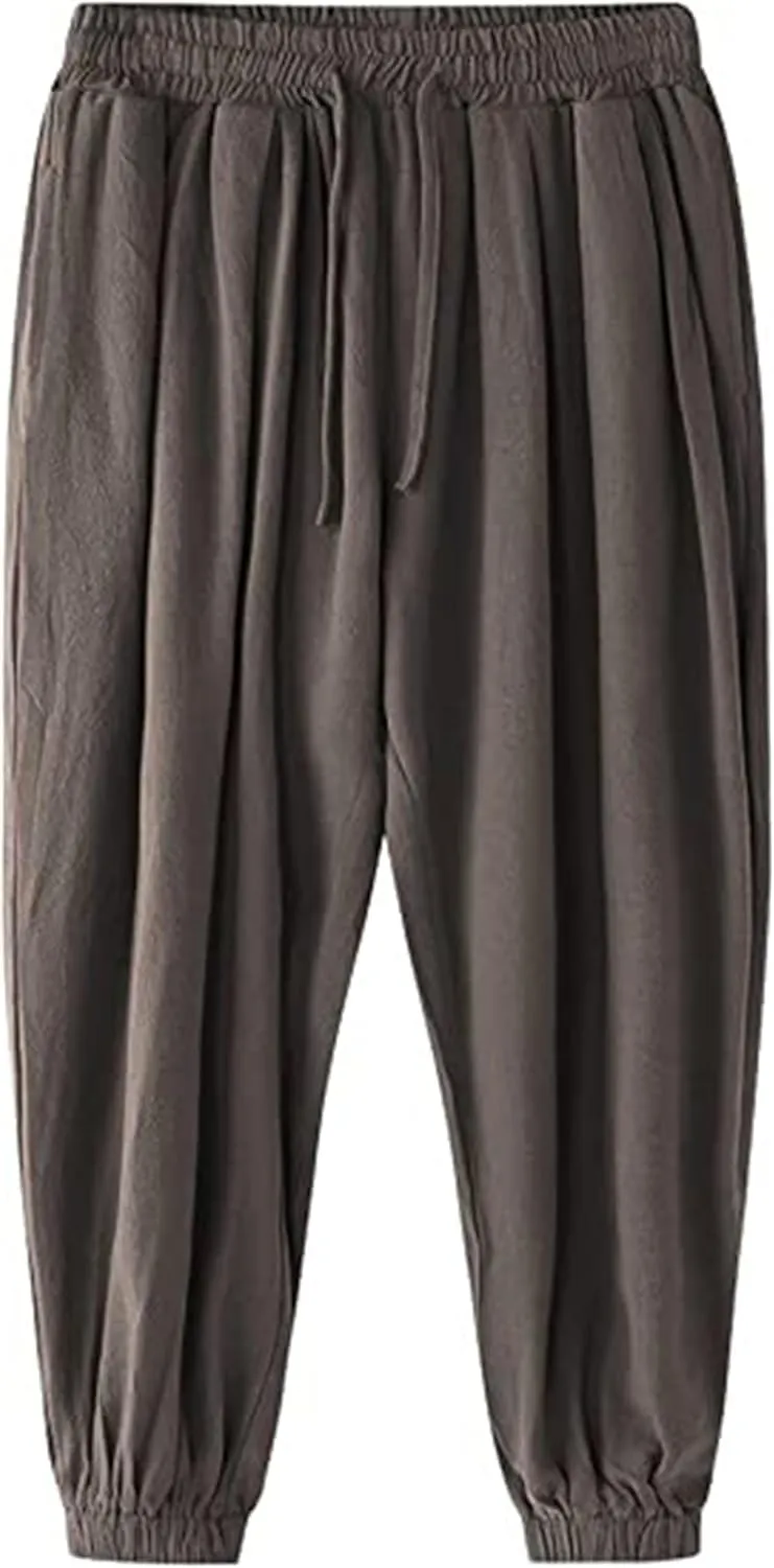 Men's Cotton Linen Harem Pants Casual Elastic Drawstring Waist Loose Pants Stretchy Hippie Yoga Beach Summer Trousers