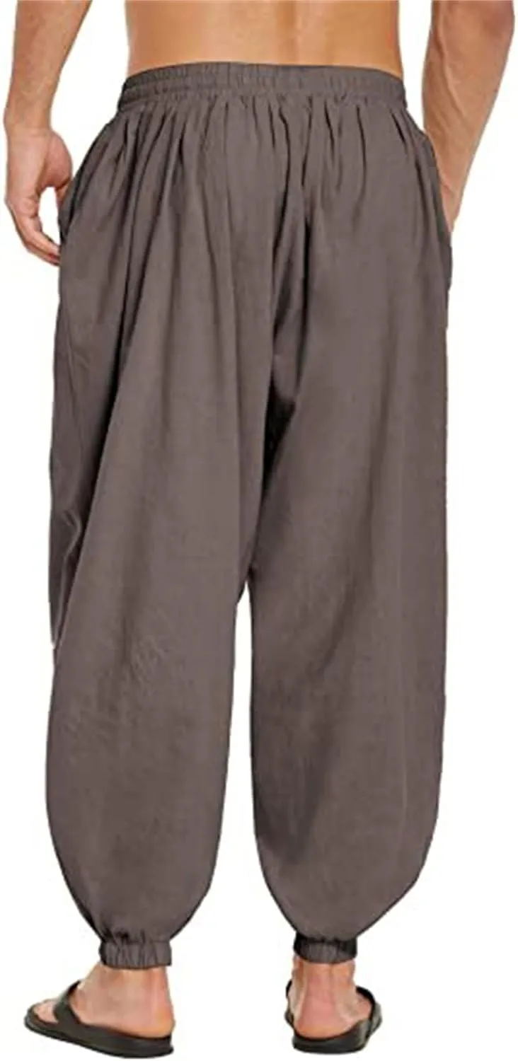 Men's Cotton Linen Harem Pants Casual Elastic Drawstring Waist Loose Pants Stretchy Hippie Yoga Beach Summer Trousers