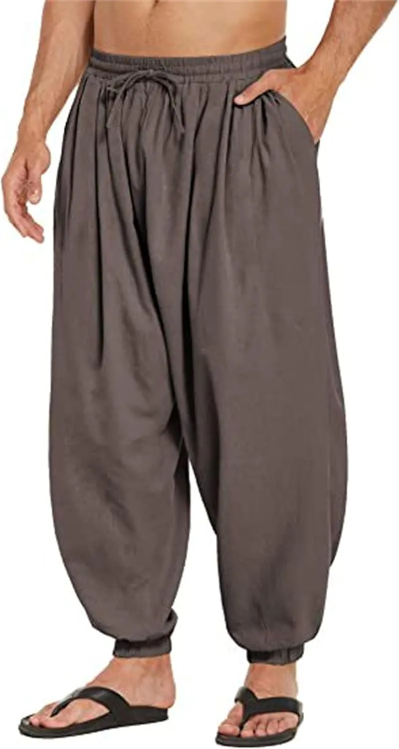 Men's Cotton Linen Harem Pants Casual Elastic Drawstring Waist Loose Pants Stretchy Hippie Yoga Beach Summer Trousers