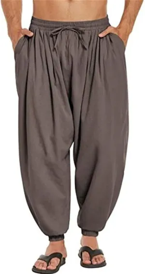 Men's Cotton Linen Harem Pants Casual Elastic Drawstring Waist Loose Pants Stretchy Hippie Yoga Beach Summer Trousers