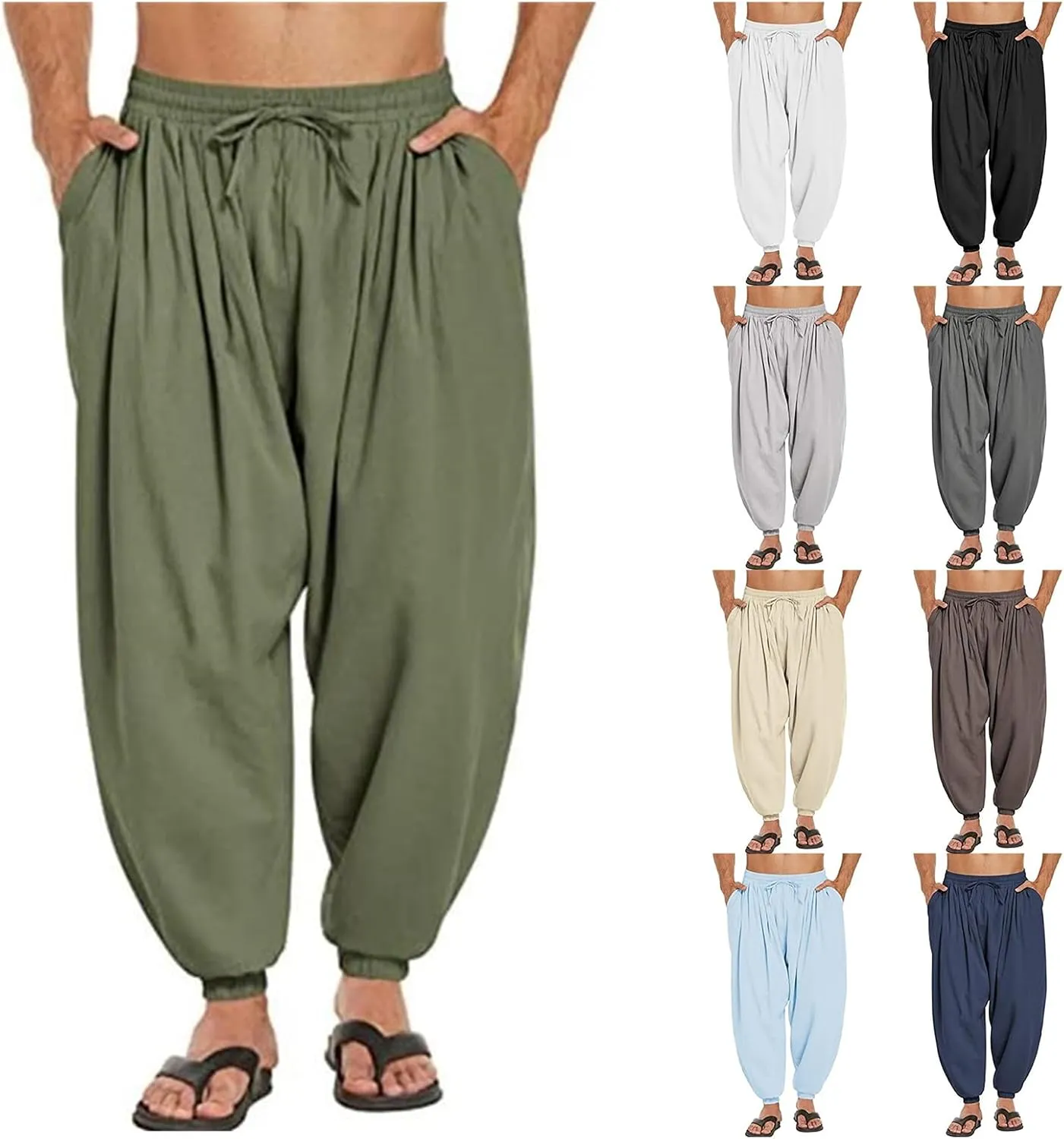 Men's Cotton Linen Harem Pants Casual Elastic Drawstring Waist Loose Pants Stretchy Hippie Yoga Beach Summer Trousers