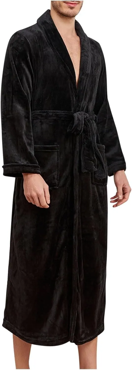 Mens Flannel Robes Big and Tall Full Length Plush Fleece Long Robe Shawl Collar Bathrobe Warm Winter House Coat