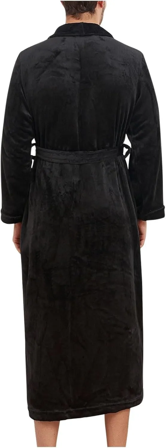Mens Flannel Robes Big and Tall Full Length Plush Fleece Long Robe Shawl Collar Bathrobe Warm Winter House Coat