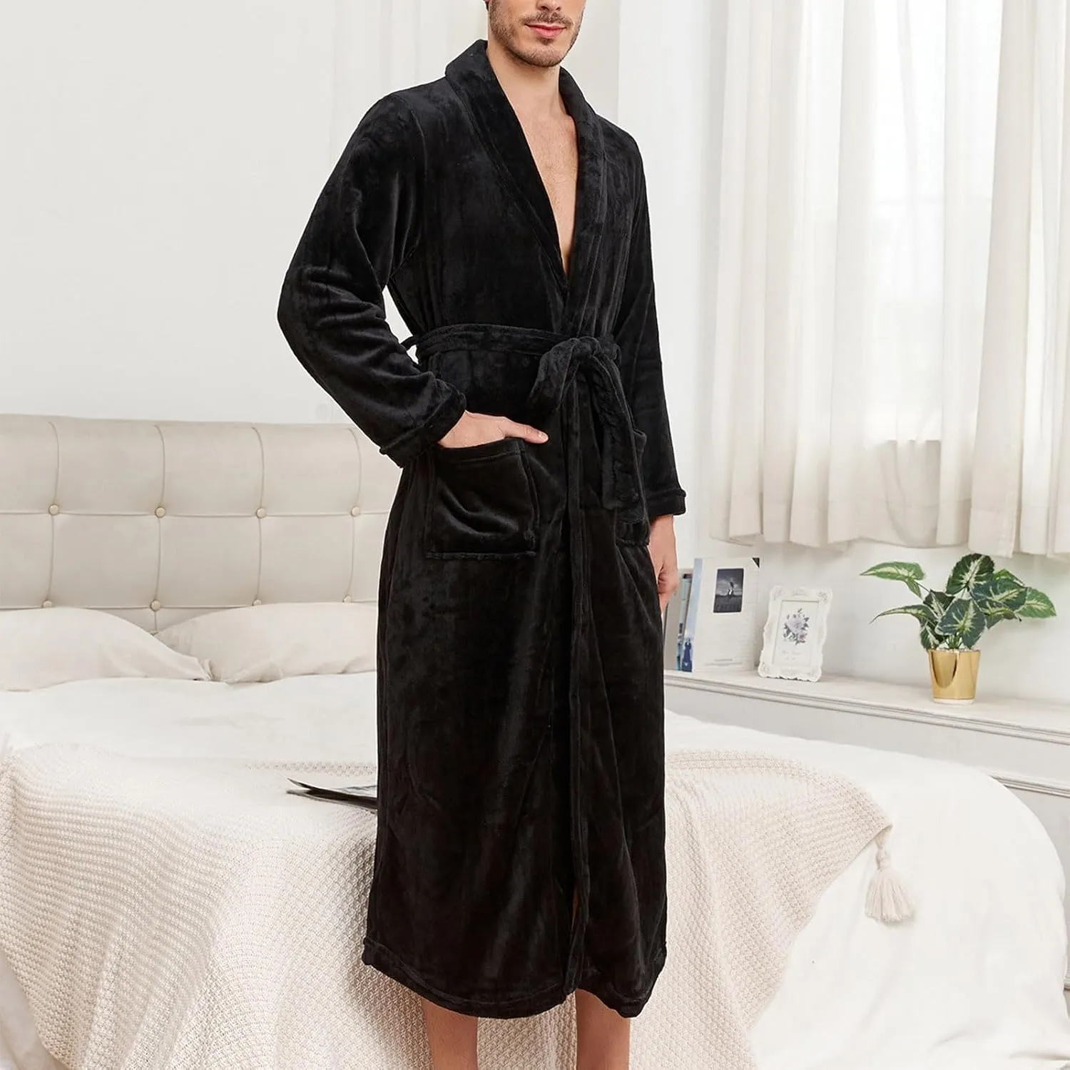 Mens Flannel Robes Big and Tall Full Length Plush Fleece Long Robe Shawl Collar Bathrobe Warm Winter House Coat