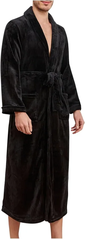 Mens Flannel Robes Big and Tall Full Length Plush Fleece Long Robe Shawl Collar Bathrobe Warm Winter House Coat