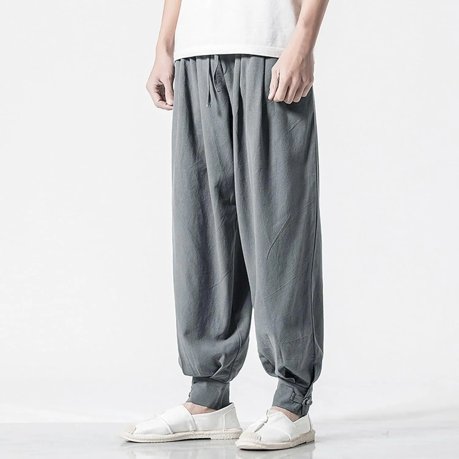 Mens Harem Pants Casual Linen Beach Pants Drawstring Baggy Joggers Hippie Drop Crotch Trousers with Pockets