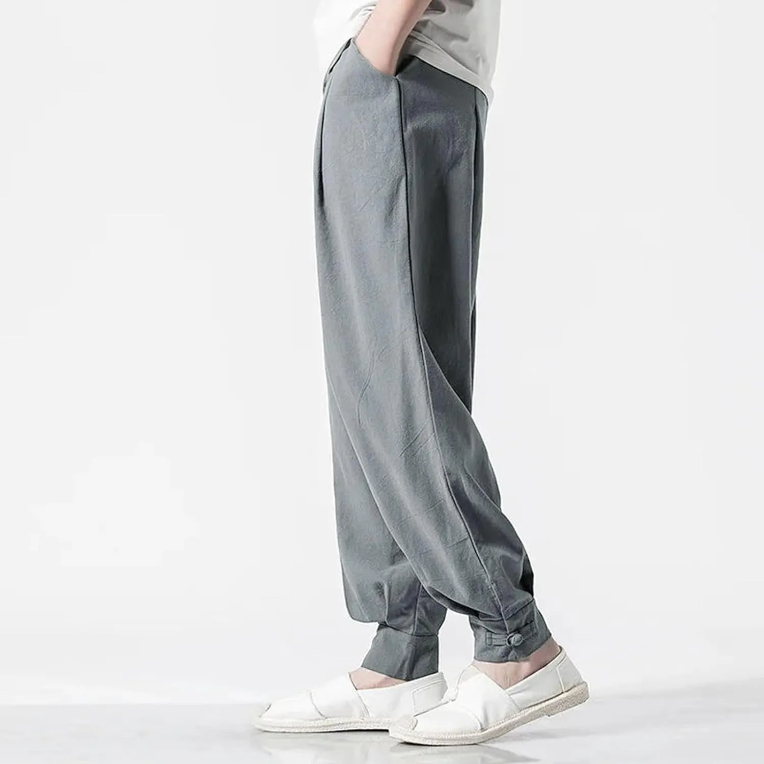 Mens Harem Pants Casual Linen Beach Pants Drawstring Baggy Joggers Hippie Drop Crotch Trousers with Pockets