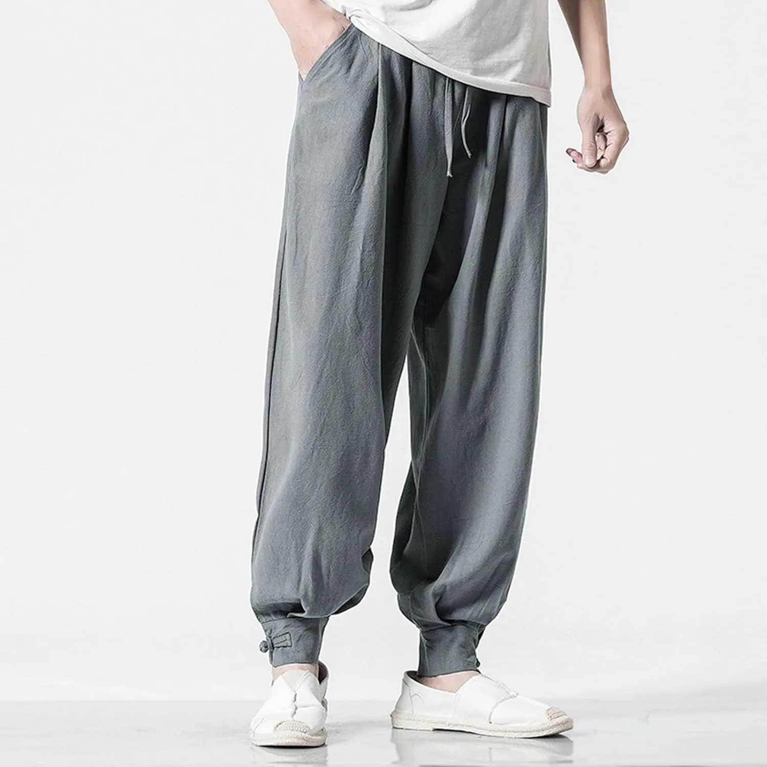 Mens Harem Pants Casual Linen Beach Pants Drawstring Baggy Joggers Hippie Drop Crotch Trousers with Pockets