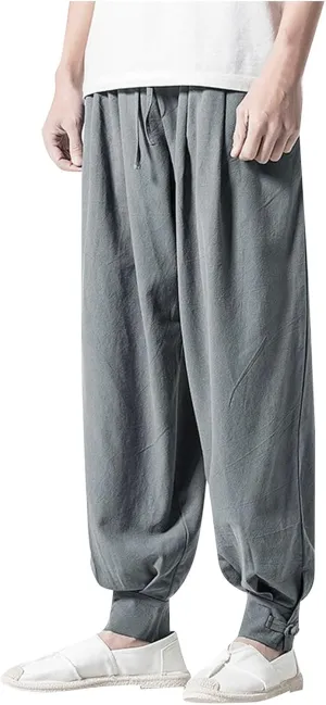 Mens Harem Pants Casual Linen Beach Pants Drawstring Baggy Joggers Hippie Drop Crotch Trousers with Pockets