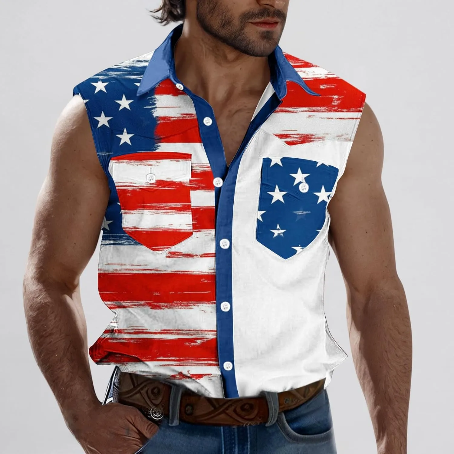 Men's Independence Day Tank Tops Summer Fashion American Flag Print Lapel Button Down Sleeveless Shirts