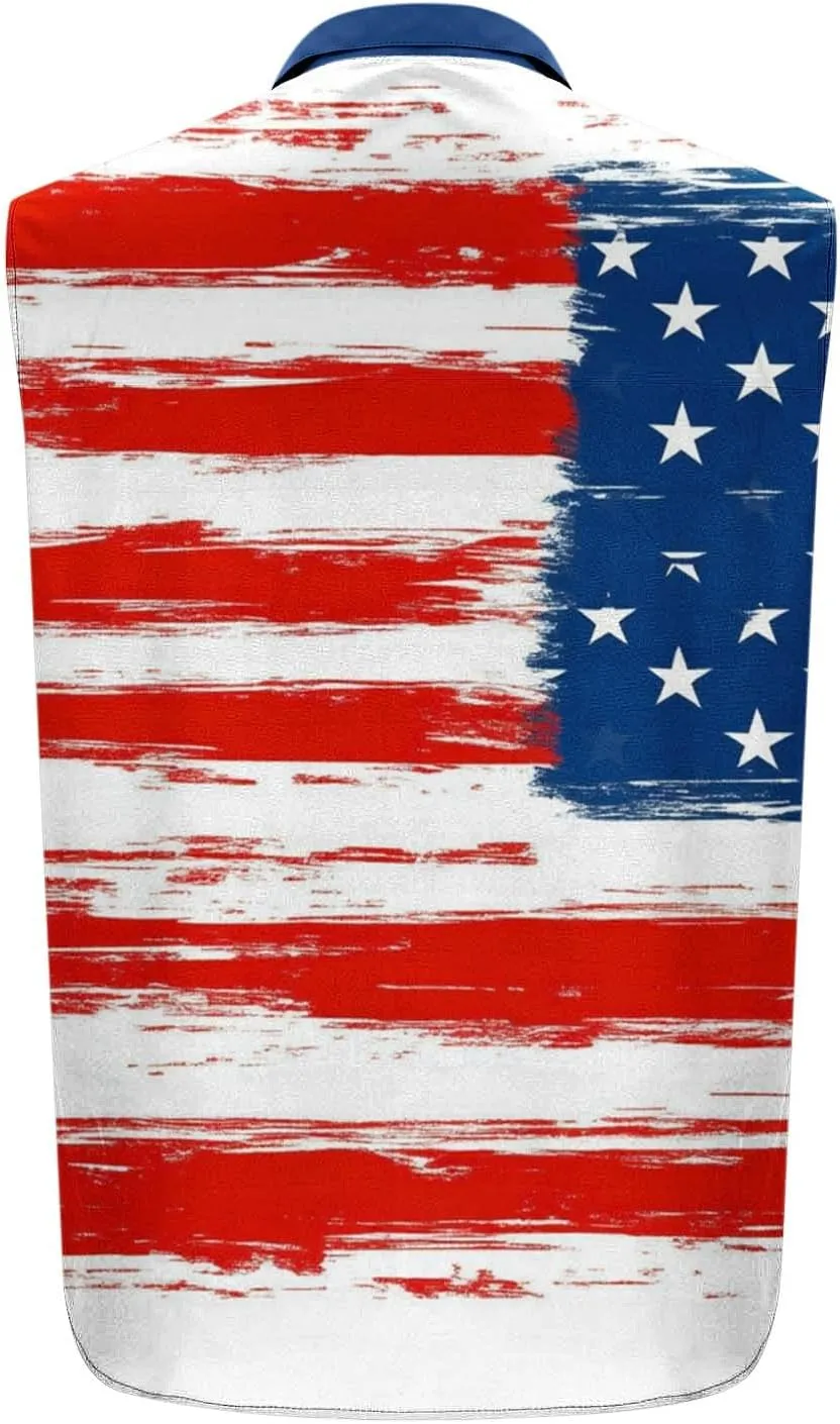 Men's Independence Day Tank Tops Summer Fashion American Flag Print Lapel Button Down Sleeveless Shirts