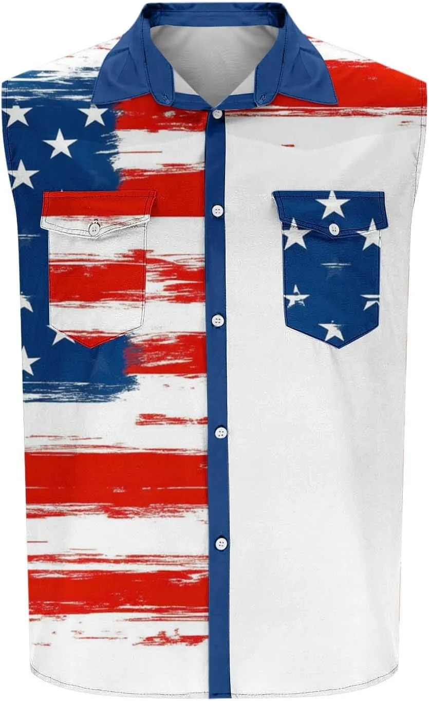 Men's Independence Day Tank Tops Summer Fashion American Flag Print Lapel Button Down Sleeveless Shirts